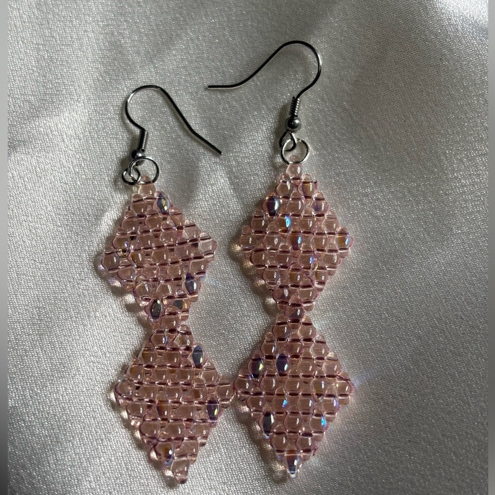Elegant Hand crafted Pierced Earrings Pink Glass Beads  approx. 3 inches